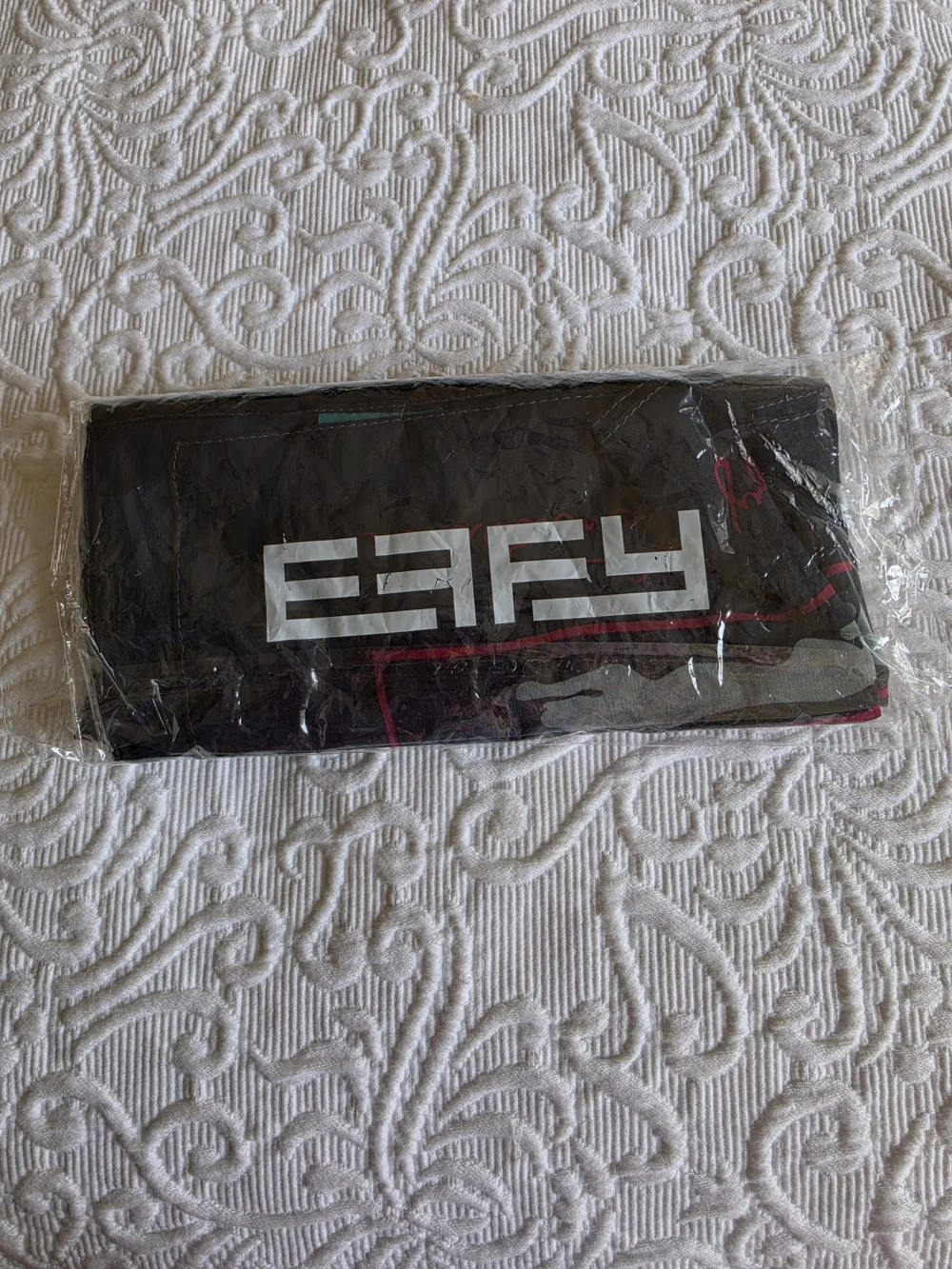 Effy Navy Blue Scarf with Pink Trim and White Motif